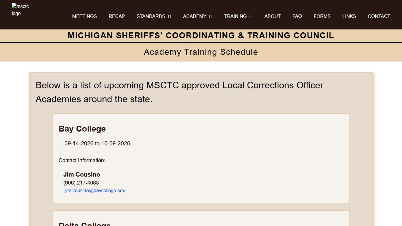 MSCTC Academy Training Schedule