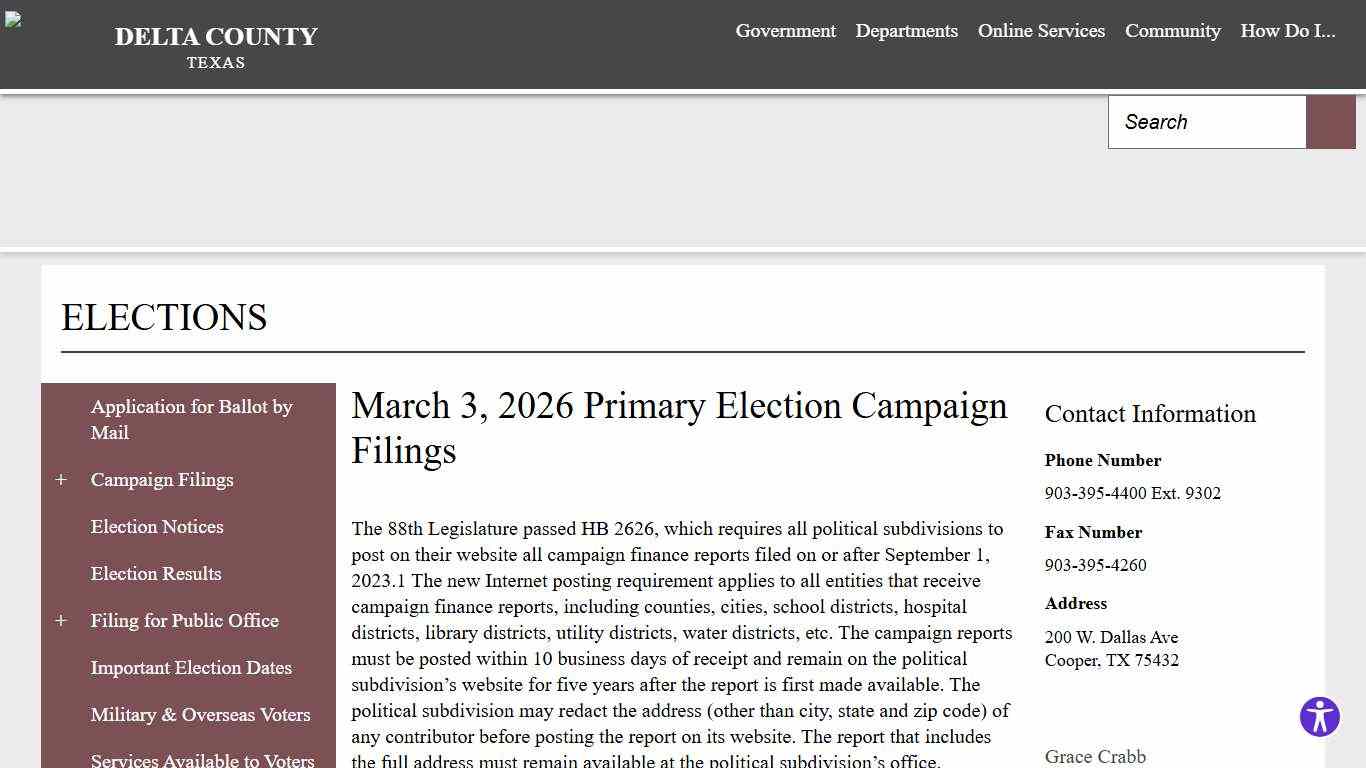 March 3, 2026 Primary Election Campaign Filings Delta County, TX